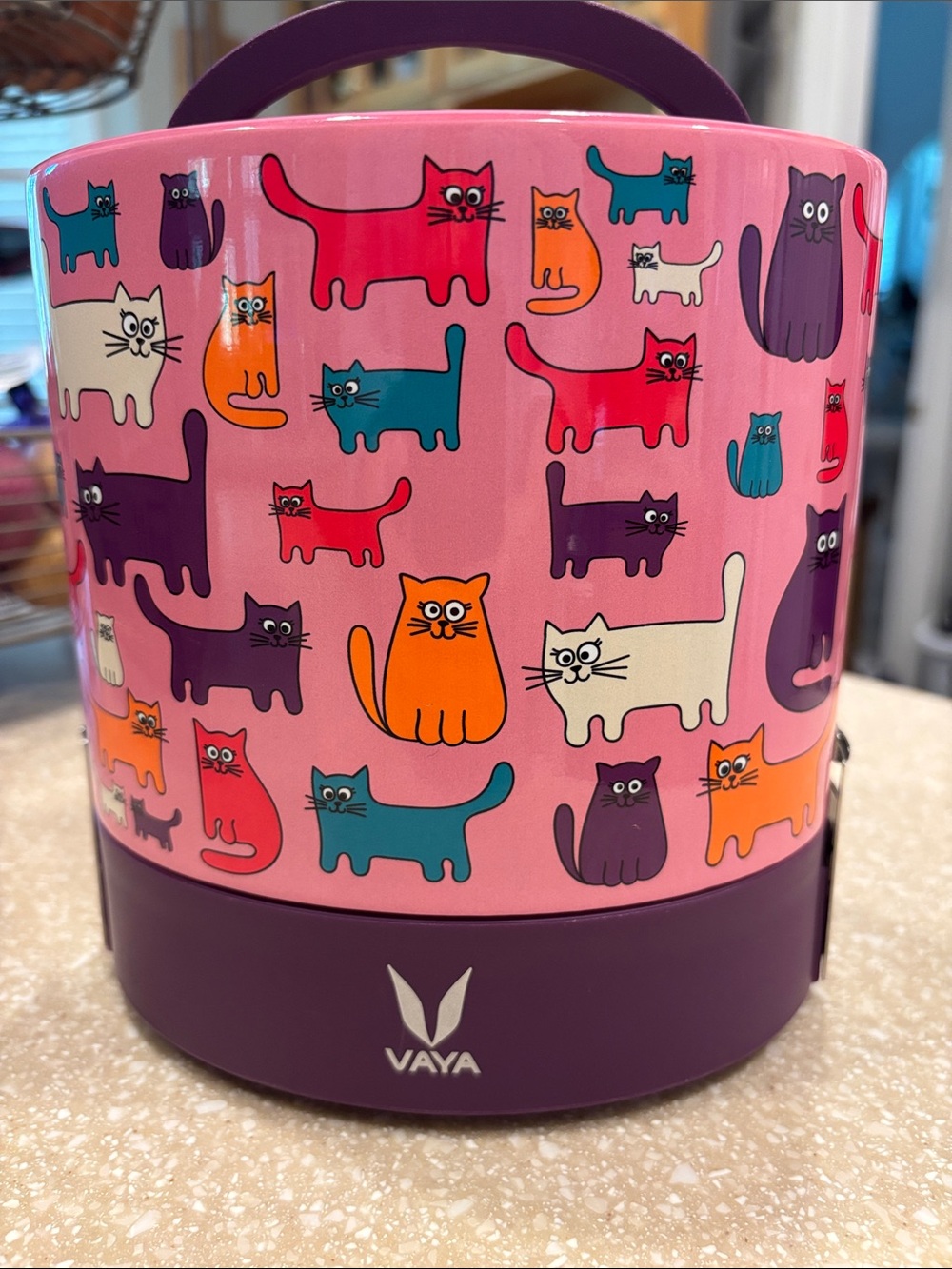 Vaya Tyffan Pink Cat Pattern Steel Metal Travel Lunch Insulated Lunchbox